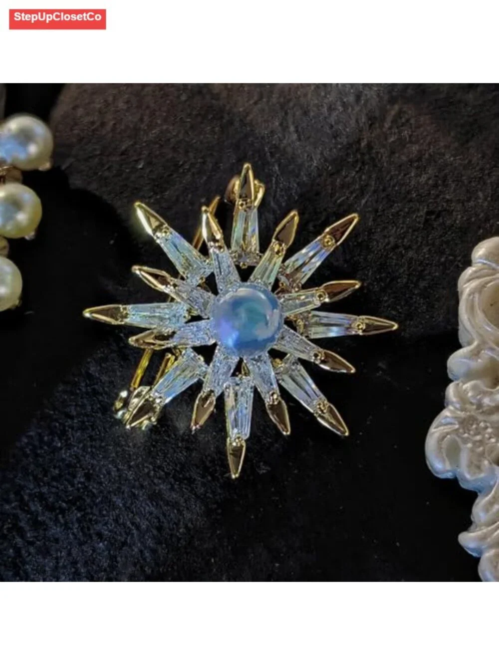 Sparkling Starburst Brooch Pin Double Layer Pearl CZ Gold Plated Punk Style 1